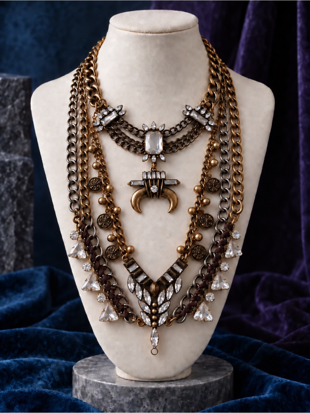 Mixed Metal Multi Strand Statement Necklace Crystal Rhinestone Horn Charm Bib